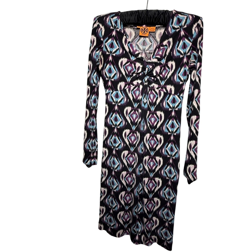 Tory Burch Geometric V Neck Dress Womens Size S Purple/Blue Silk Long Sleeve